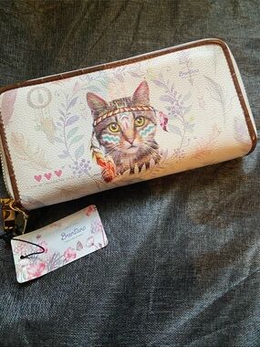 Brentano Dream Catcher Cat Doible zip Wallet NWT